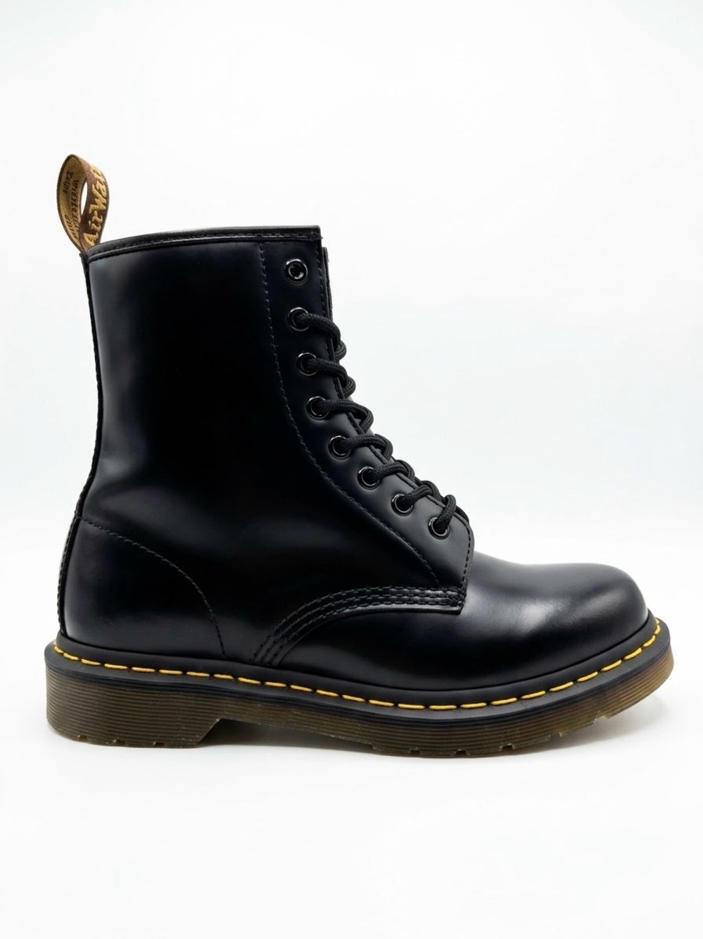 Dr. Martens 1460 W Black Leather 8-Eye Combat Boots Yellow Stitching Unisex Goth